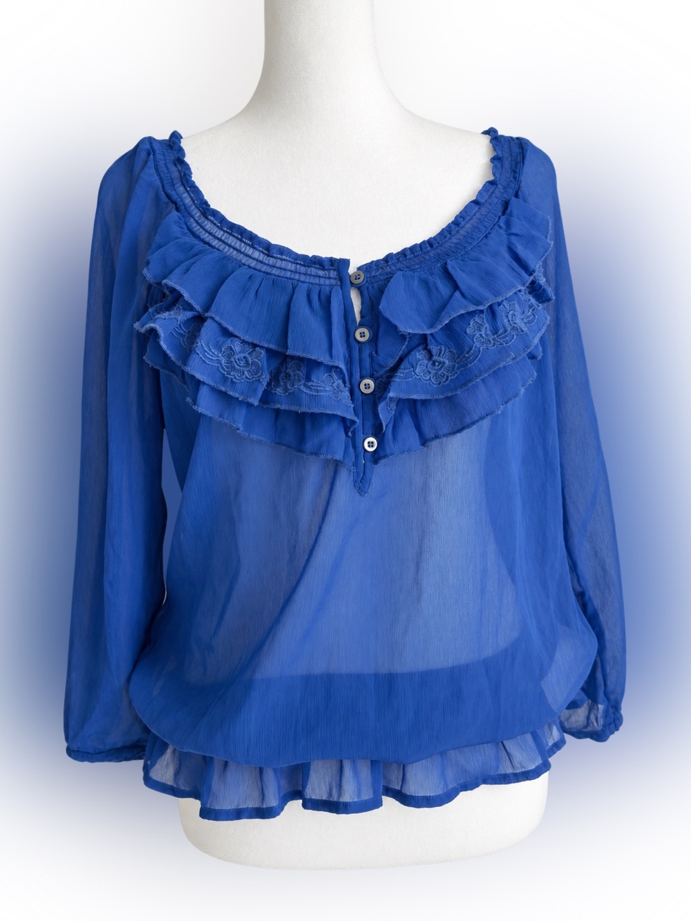 Hollister Royal Blue Sheer Ruffle-Front Blouse